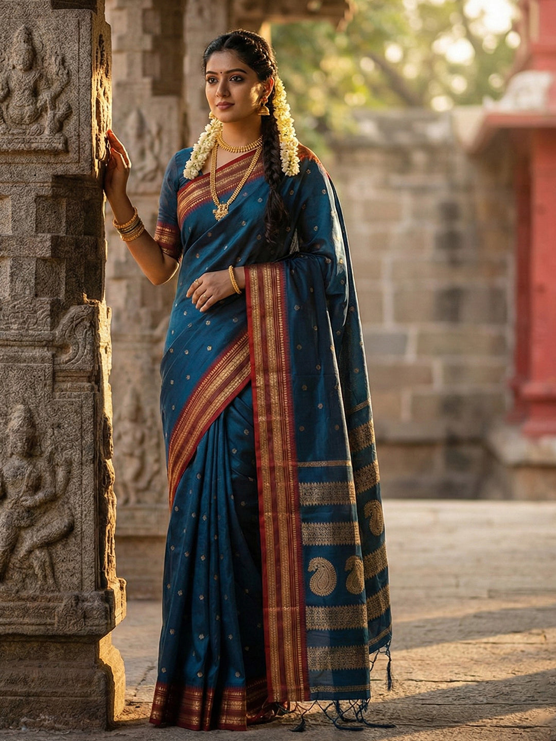 Teal blue woven zari border silk blend saree for women with butti design and blouse piece
