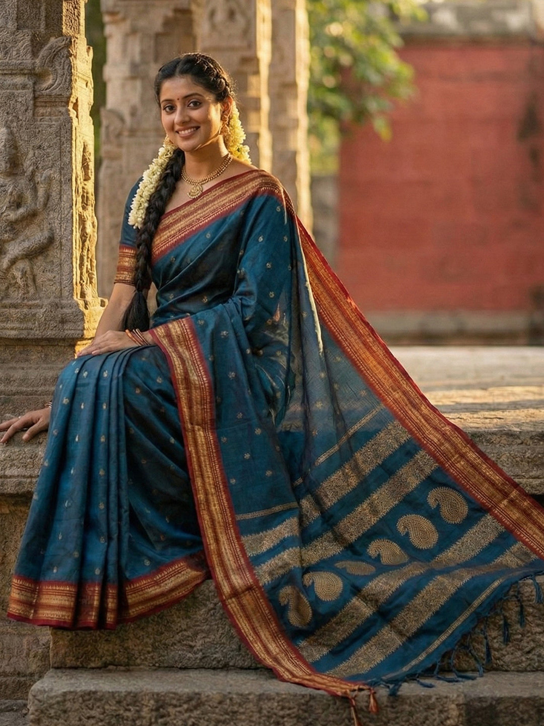 Teal blue woven zari border silk blend saree for women with butti design and blouse piece
