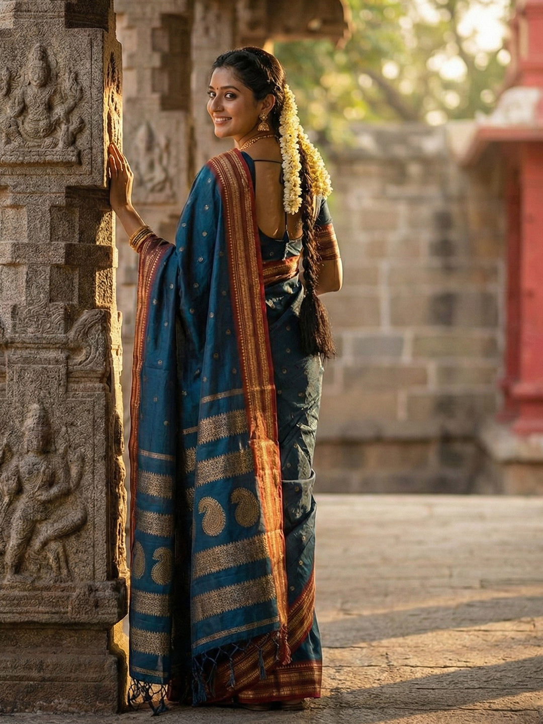 Sutriti The Peacock Hue: Teal Blue Soft Silk Saree with Contrast Red Zari Border
