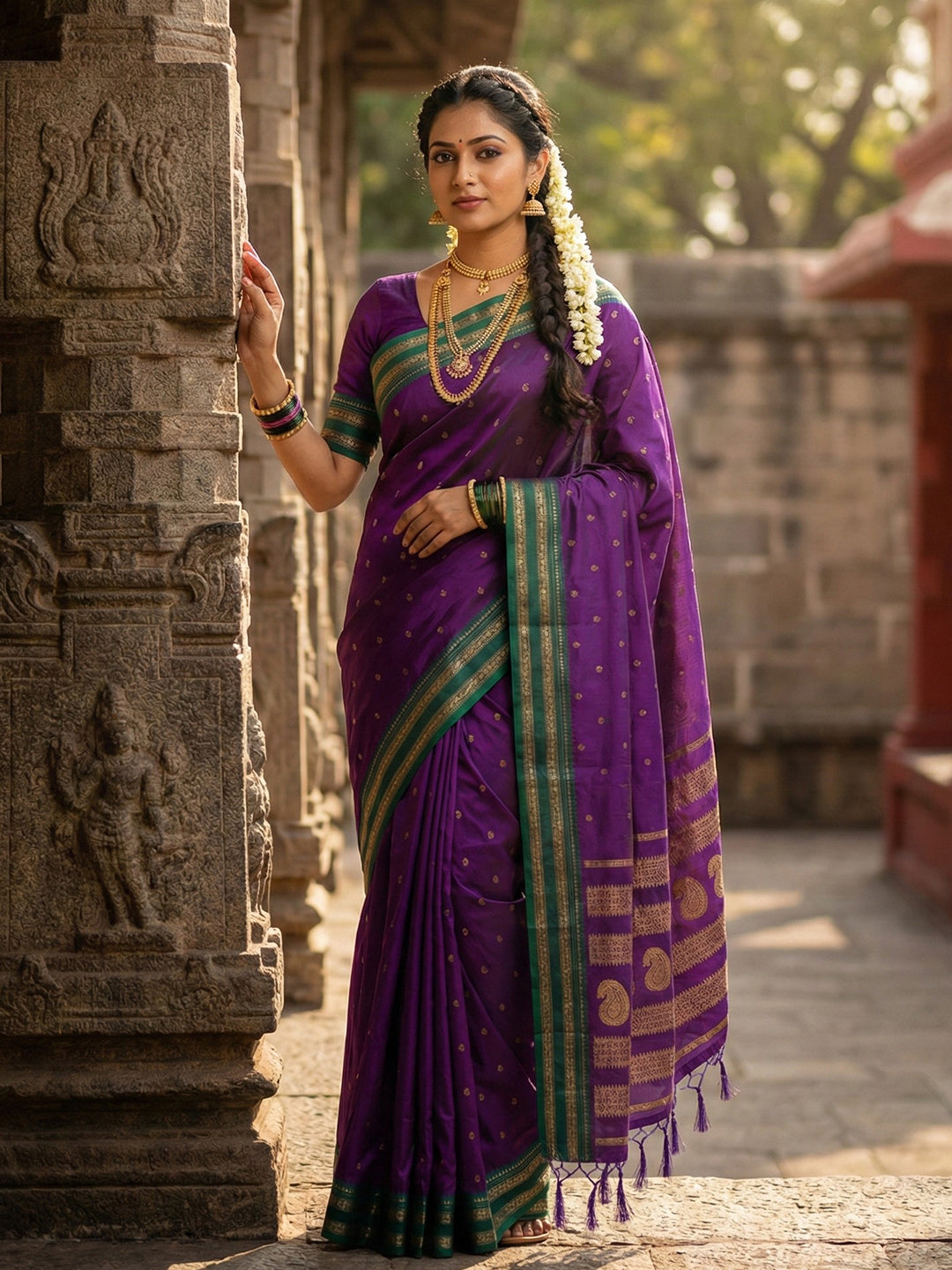 Purple woven zari border silk blend saree for women with green border and blouse piece