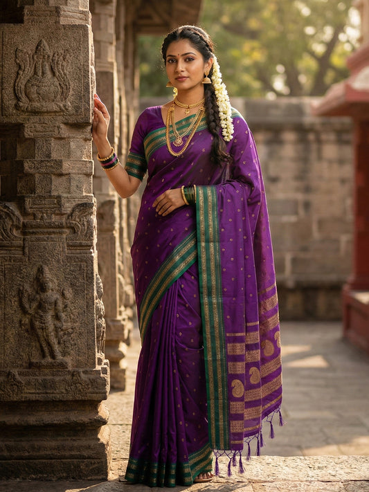 Purple woven zari border silk blend saree for women with green border and blouse piece