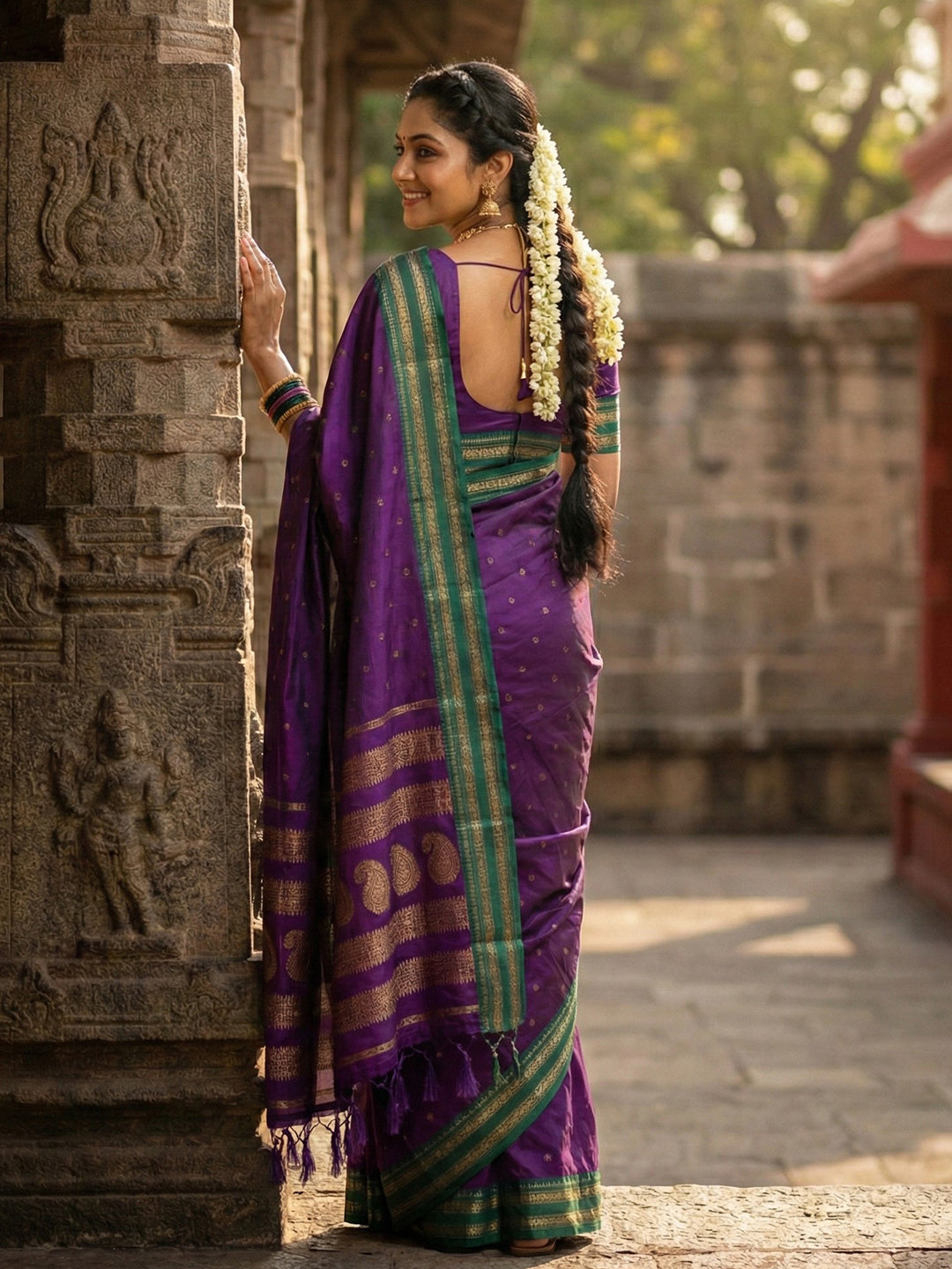 Purple woven zari border silk blend saree for women with green border and blouse piece