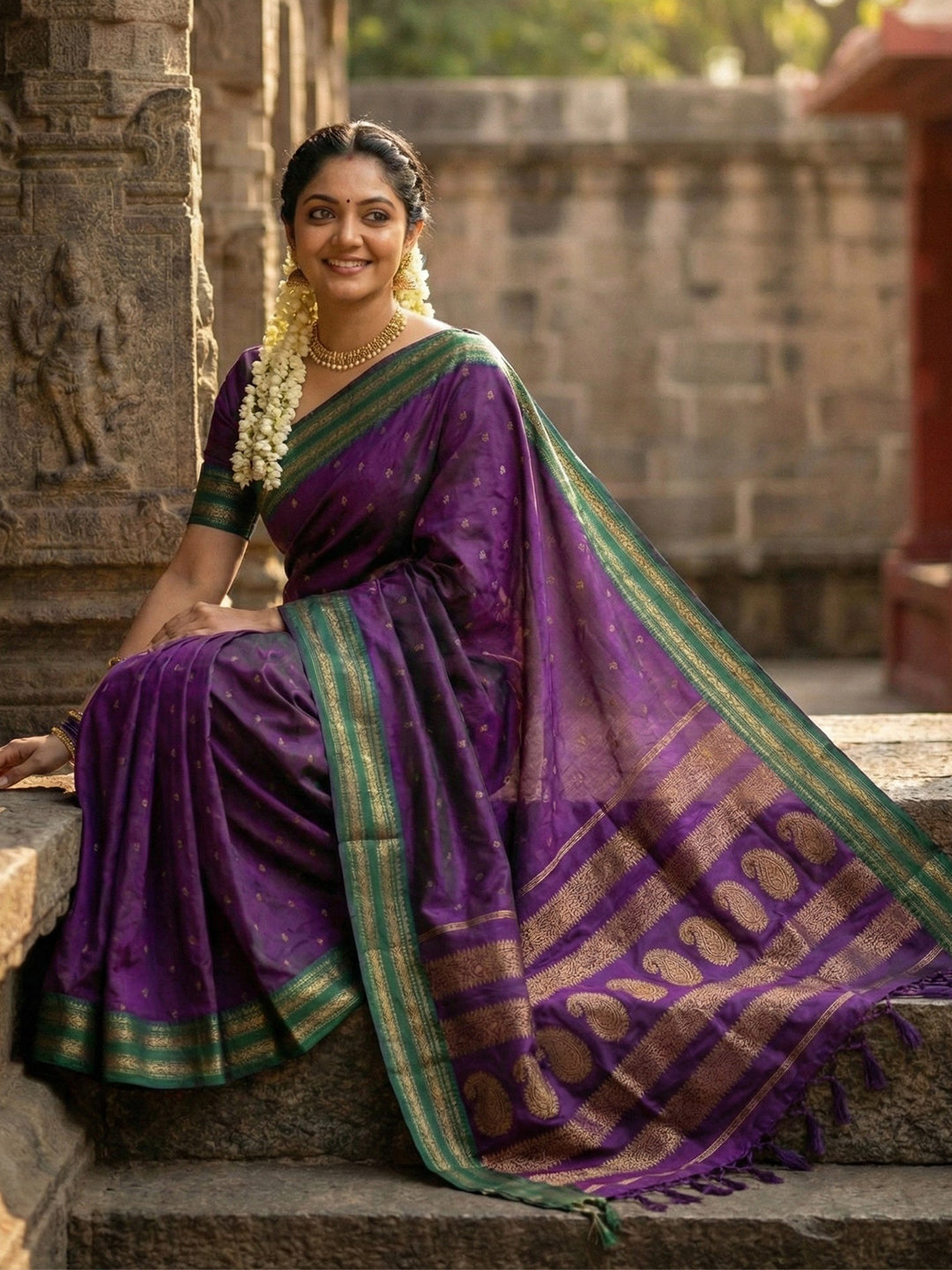 Purple woven zari border silk blend saree for women with green border and blouse piece