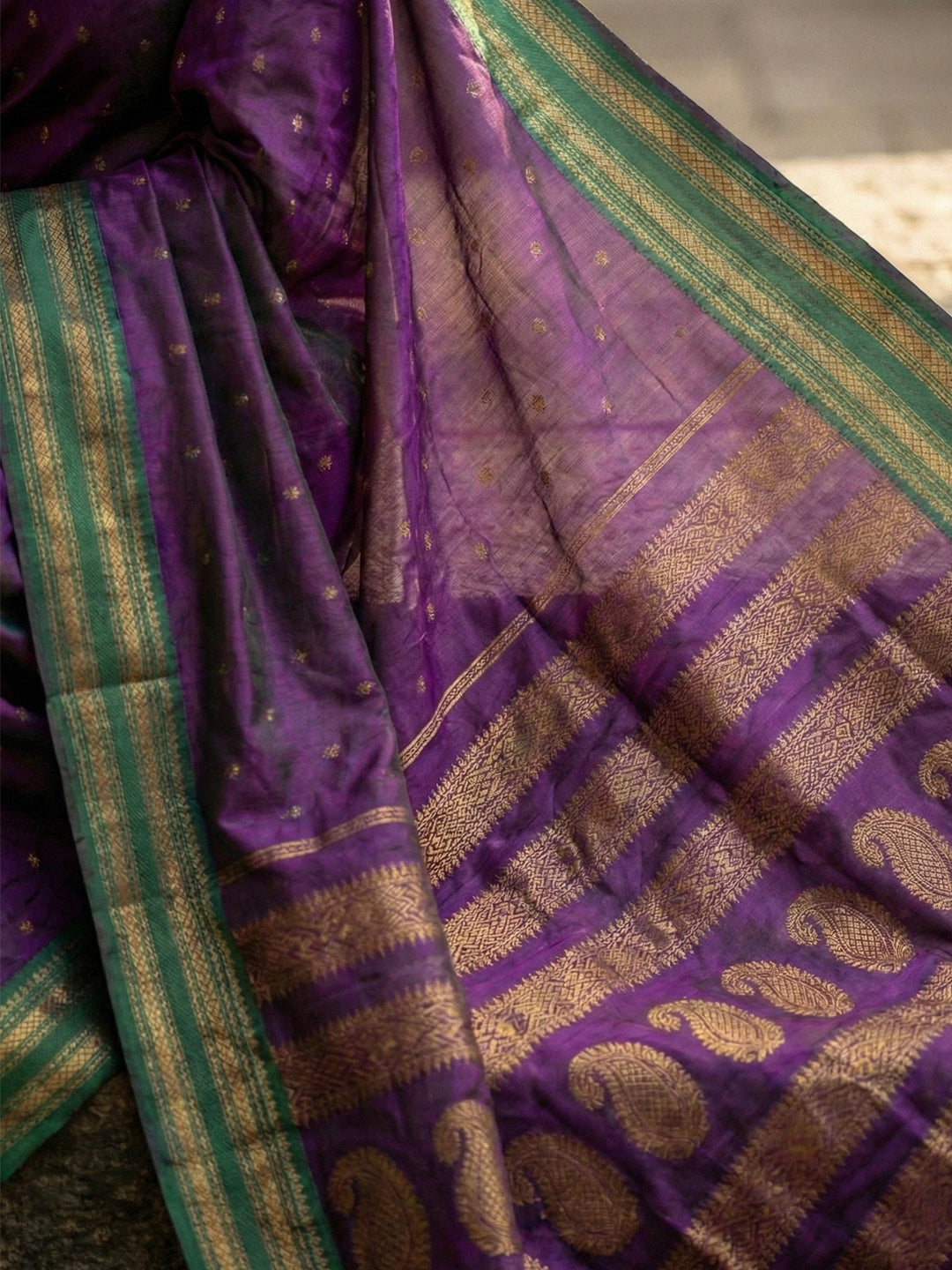 Purple woven zari border silk blend saree for women with green border and blouse piece