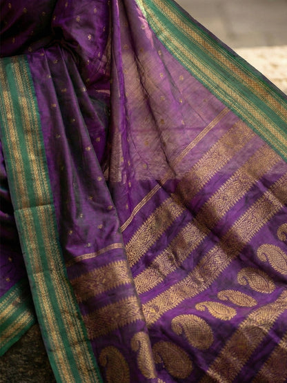 Purple woven zari border silk blend saree for women with green border and blouse piece