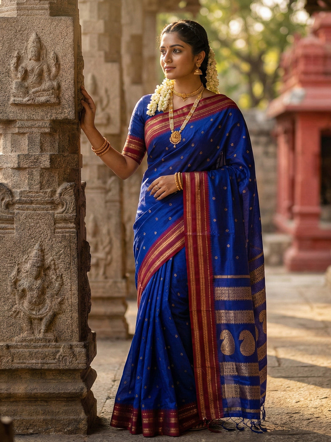 Royal blue woven zari border silk blend saree for women with butti design and blouse piece