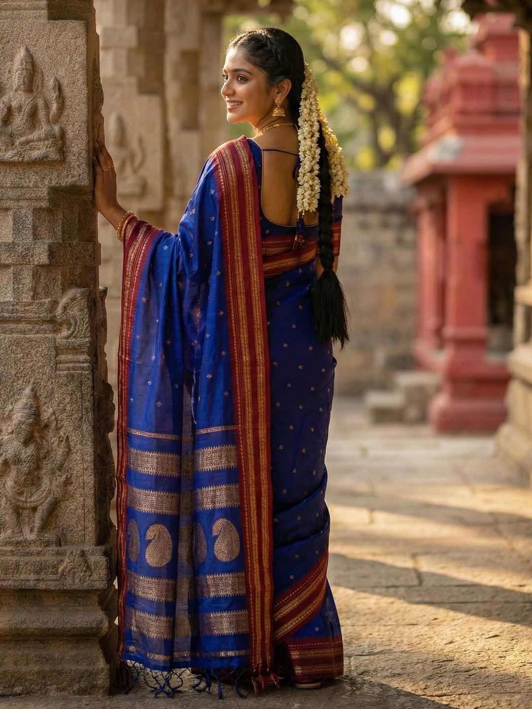 Royal blue woven zari border silk blend saree for women with butti design and blouse piece