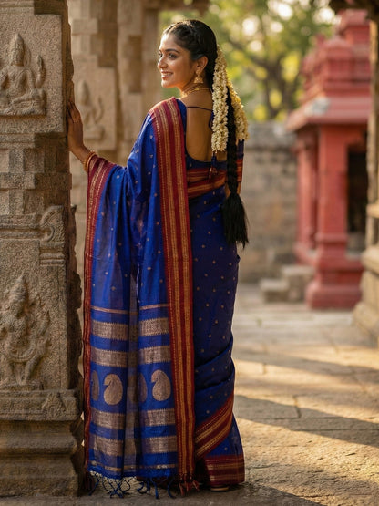 Royal blue woven zari border silk blend saree for women with butti design and blouse piece