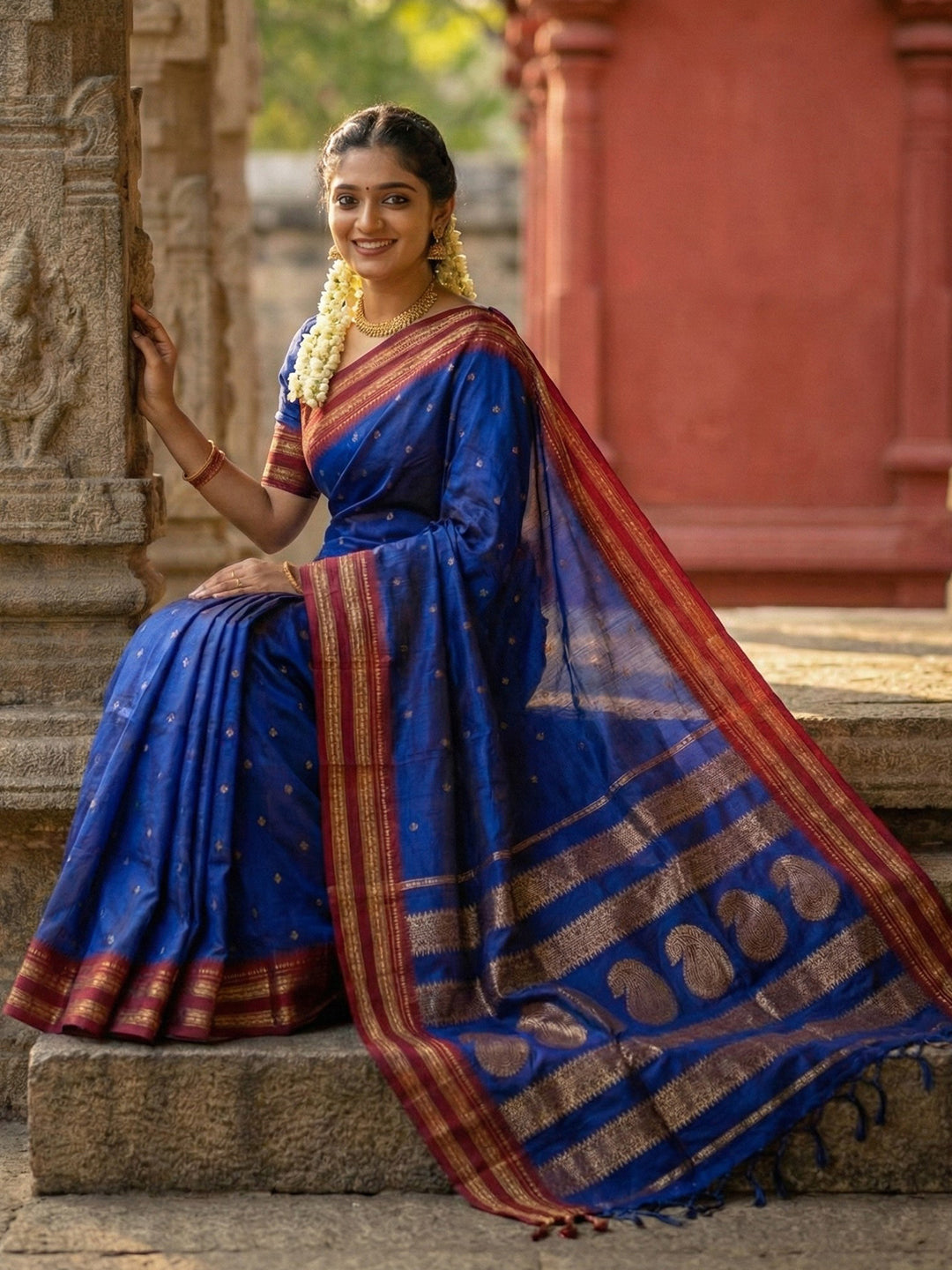 Royal blue woven zari border silk blend saree for women with butti design and blouse piece