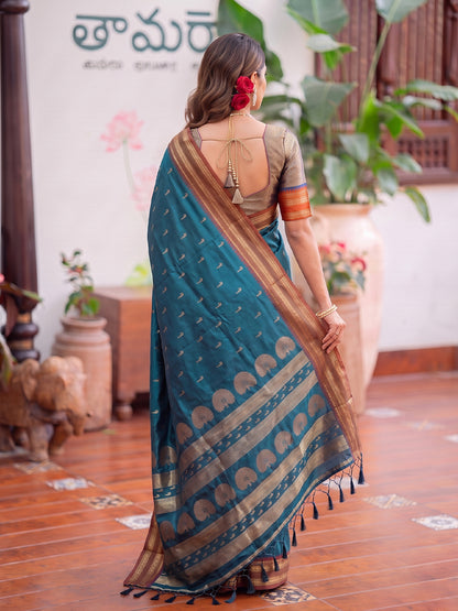 Sutriti Teal Blue Soft Silk Saree for Women Wedding Festive Ethnic Wear