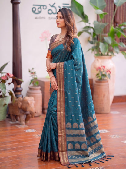 Sutriti Teal Blue Soft Silk Saree for Women Wedding Festive Ethnic Wear