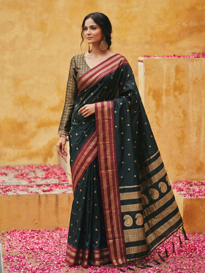Sutriti The Midnight Luxurious Black Soft Silk Saree with Magenta & Gold Zari Border