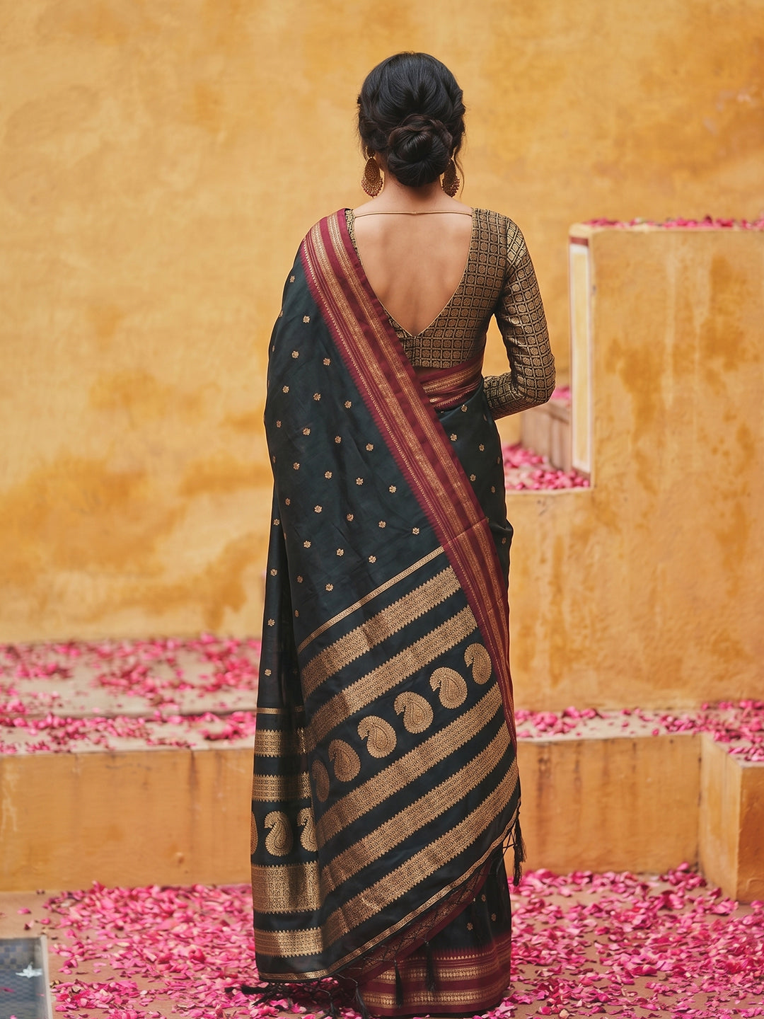 Sutriti The Midnight Luxurious Black Soft Silk Saree with Magenta & Gold Zari Border