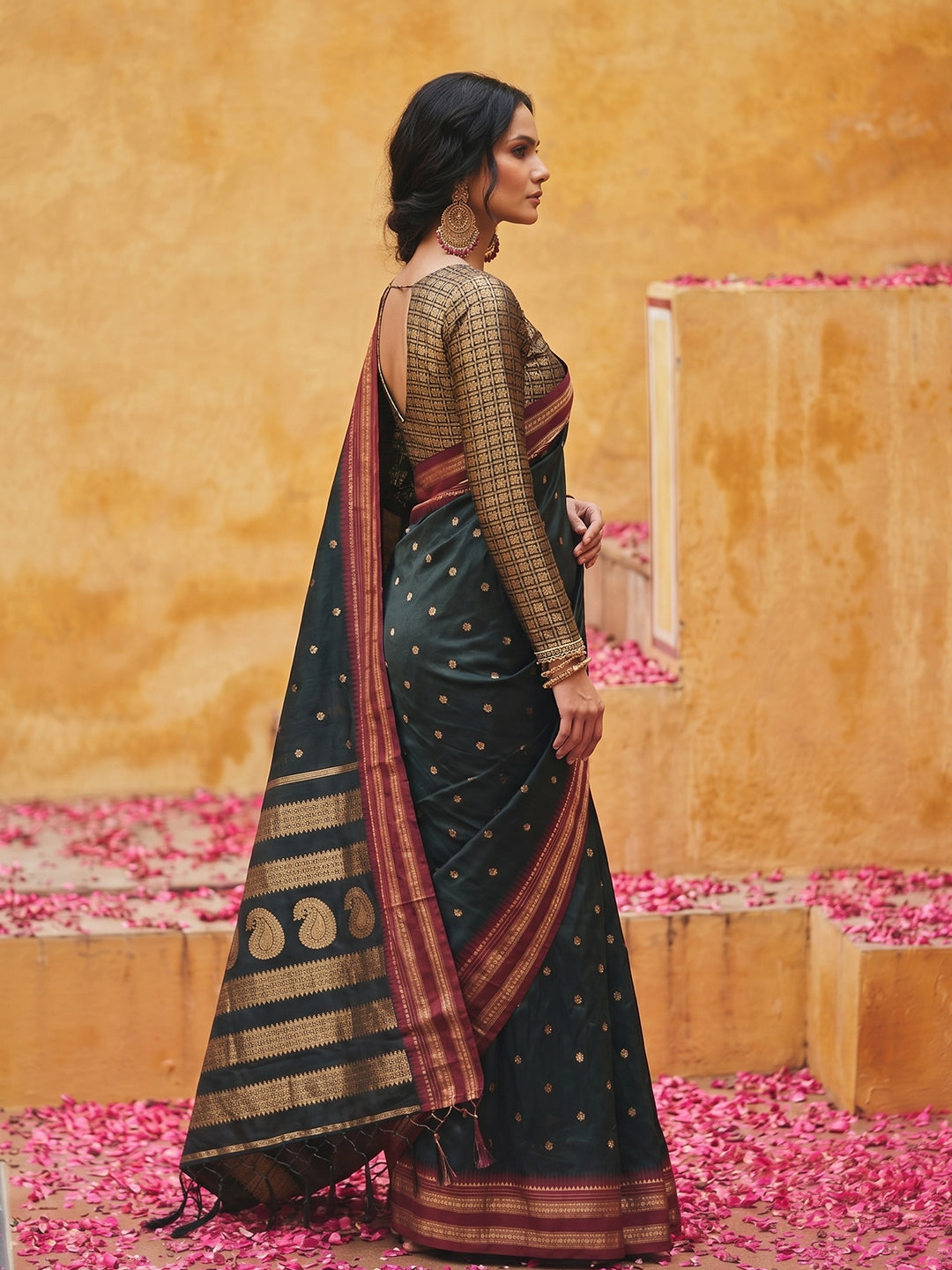 Sutriti The Midnight Luxurious Black Soft Silk Saree with Magenta & Gold Zari Border