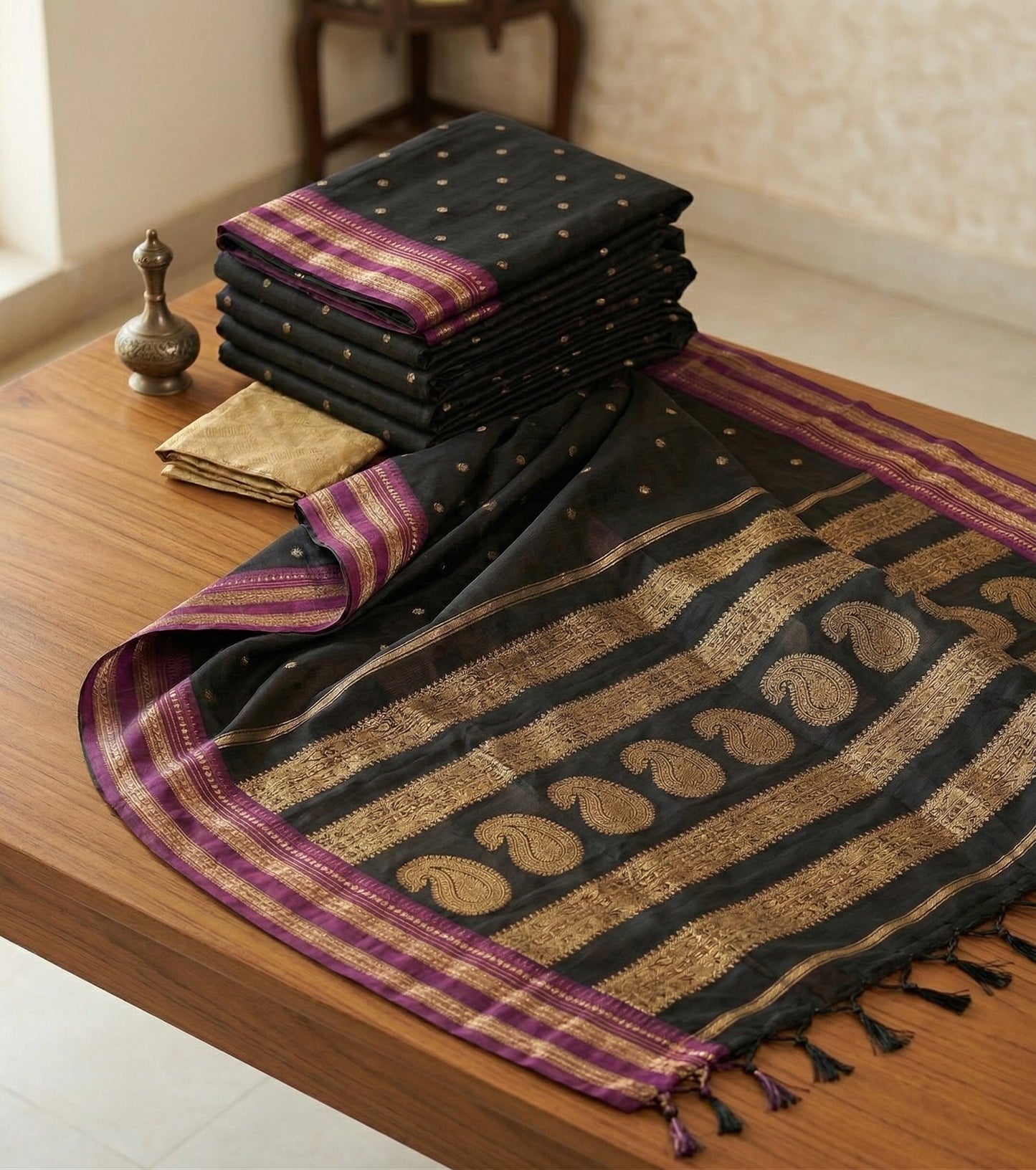 Sutriti The Midnight Luxurious Black Soft Silk Saree with Magenta & Gold Zari Border