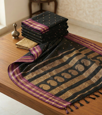 Sutriti The Midnight Luxurious Black Soft Silk Saree with Magenta & Gold Zari Border