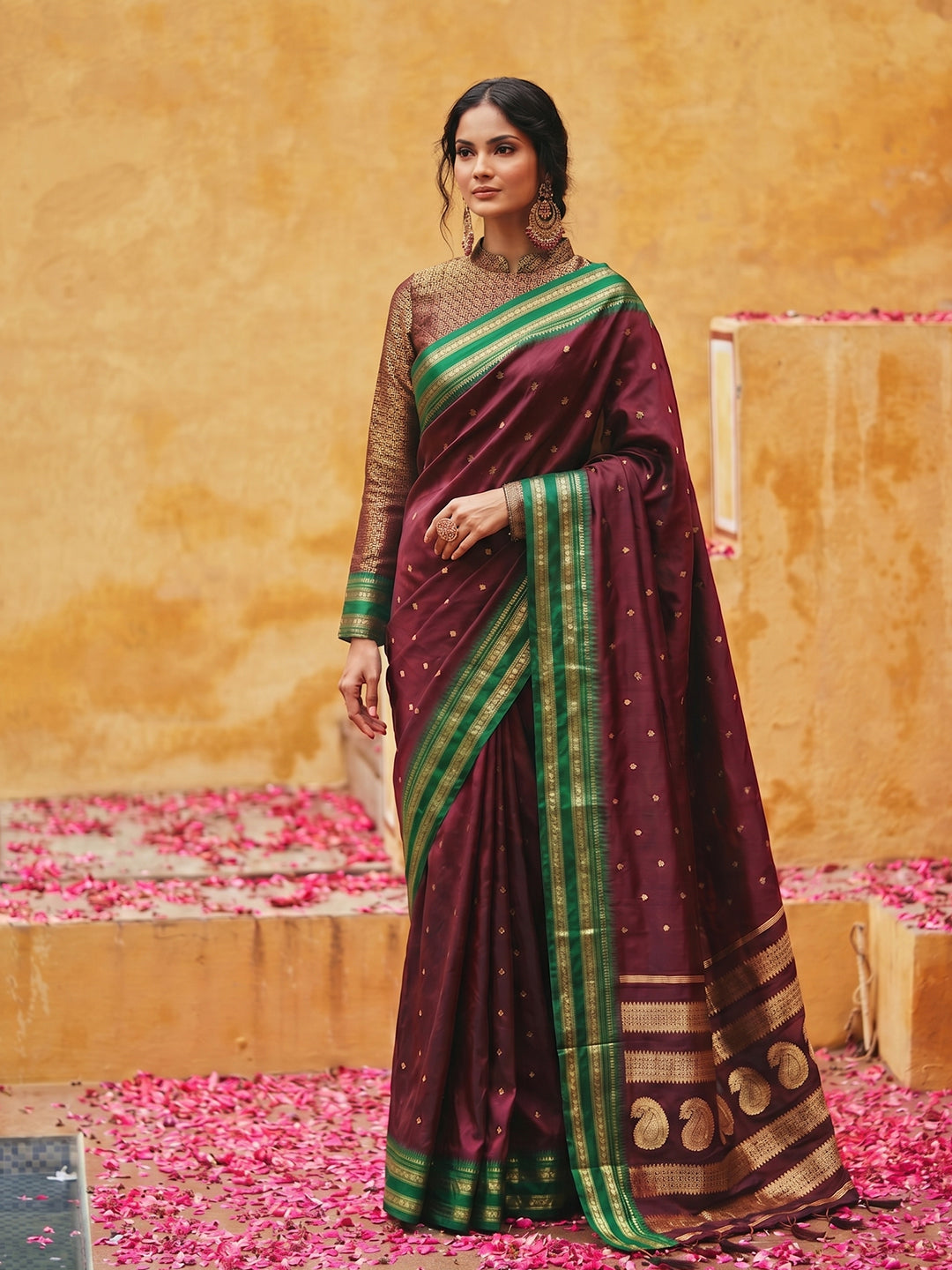 Sutriti The Regal Ruby: Deep Maroon Soft Silk Saree with Contrast Emerald Green Border