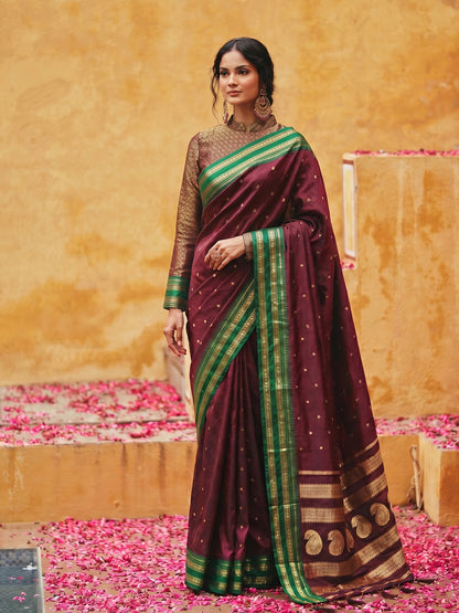 Sutriti The Regal Ruby: Deep Maroon Soft Silk Saree with Contrast Emerald Green Border