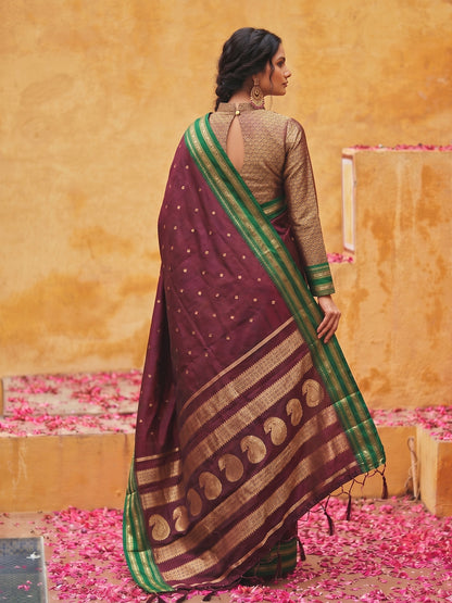 Sutriti The Regal Ruby: Deep Maroon Soft Silk Saree with Contrast Emerald Green Border