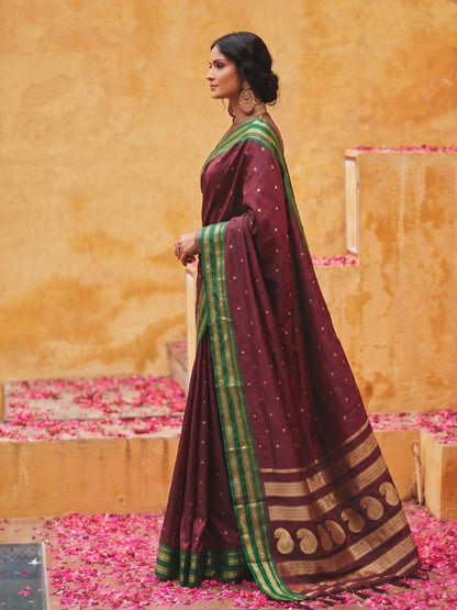 Sutriti The Regal Ruby: Deep Maroon Soft Silk Saree with Contrast Emerald Green Border