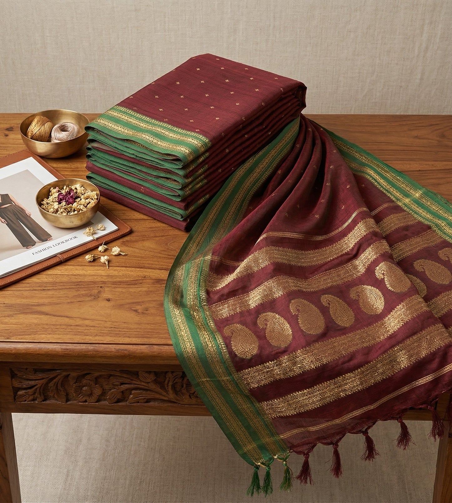 Sutriti The Regal Ruby: Deep Maroon Soft Silk Saree with Contrast Emerald Green Border