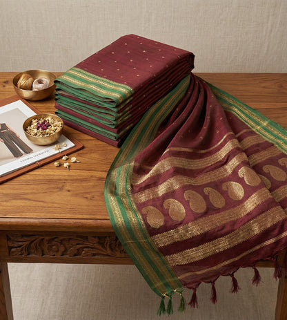 Sutriti The Regal Ruby: Deep Maroon Soft Silk Saree with Contrast Emerald Green Border