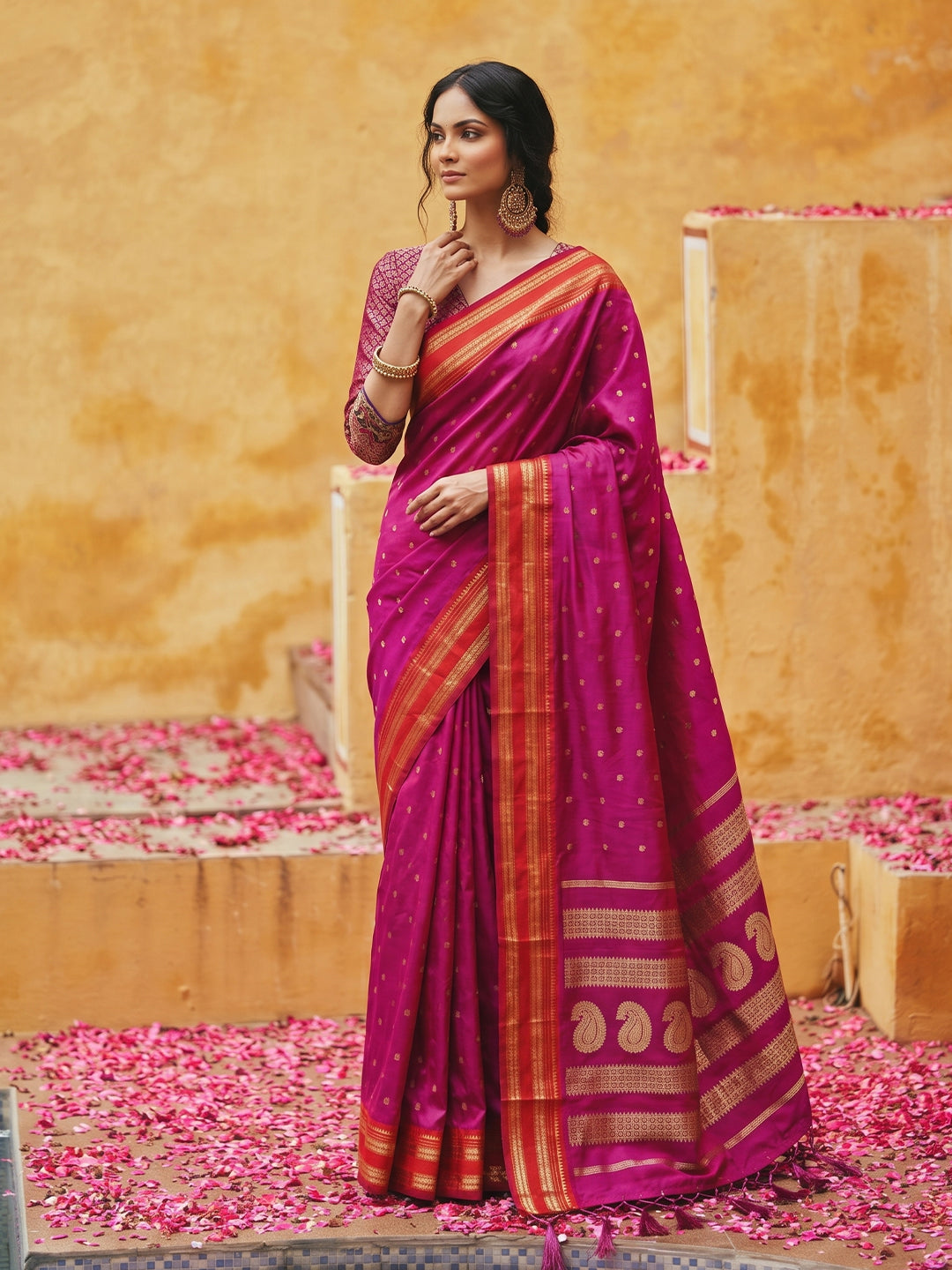 Sutriti The Emerald Empress: Magenta Soft Silk Saree with Rich Crimson Red Zari Border