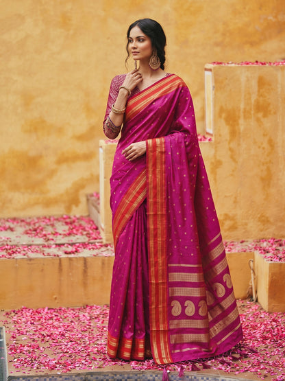 Sutriti The Emerald Empress: Magenta Soft Silk Saree with Rich Crimson Red Zari Border