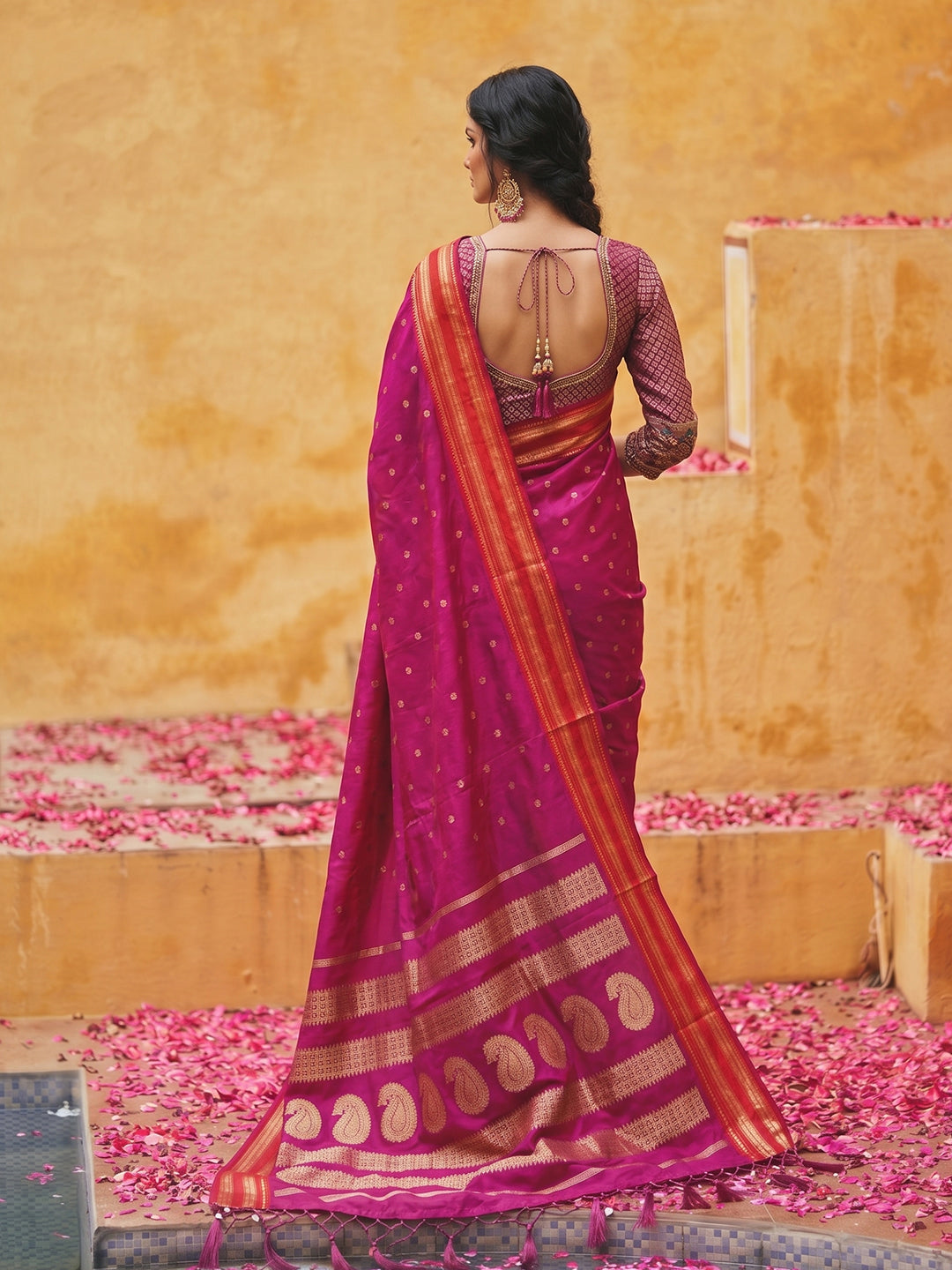 Sutriti The Emerald Empress: Magenta Soft Silk Saree with Rich Crimson Red Zari Border