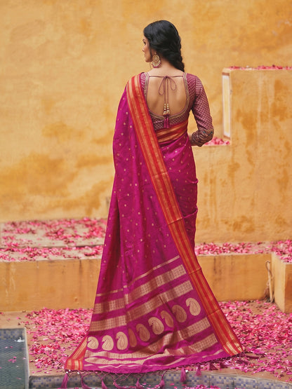 Sutriti The Emerald Empress: Magenta Soft Silk Saree with Rich Crimson Red Zari Border