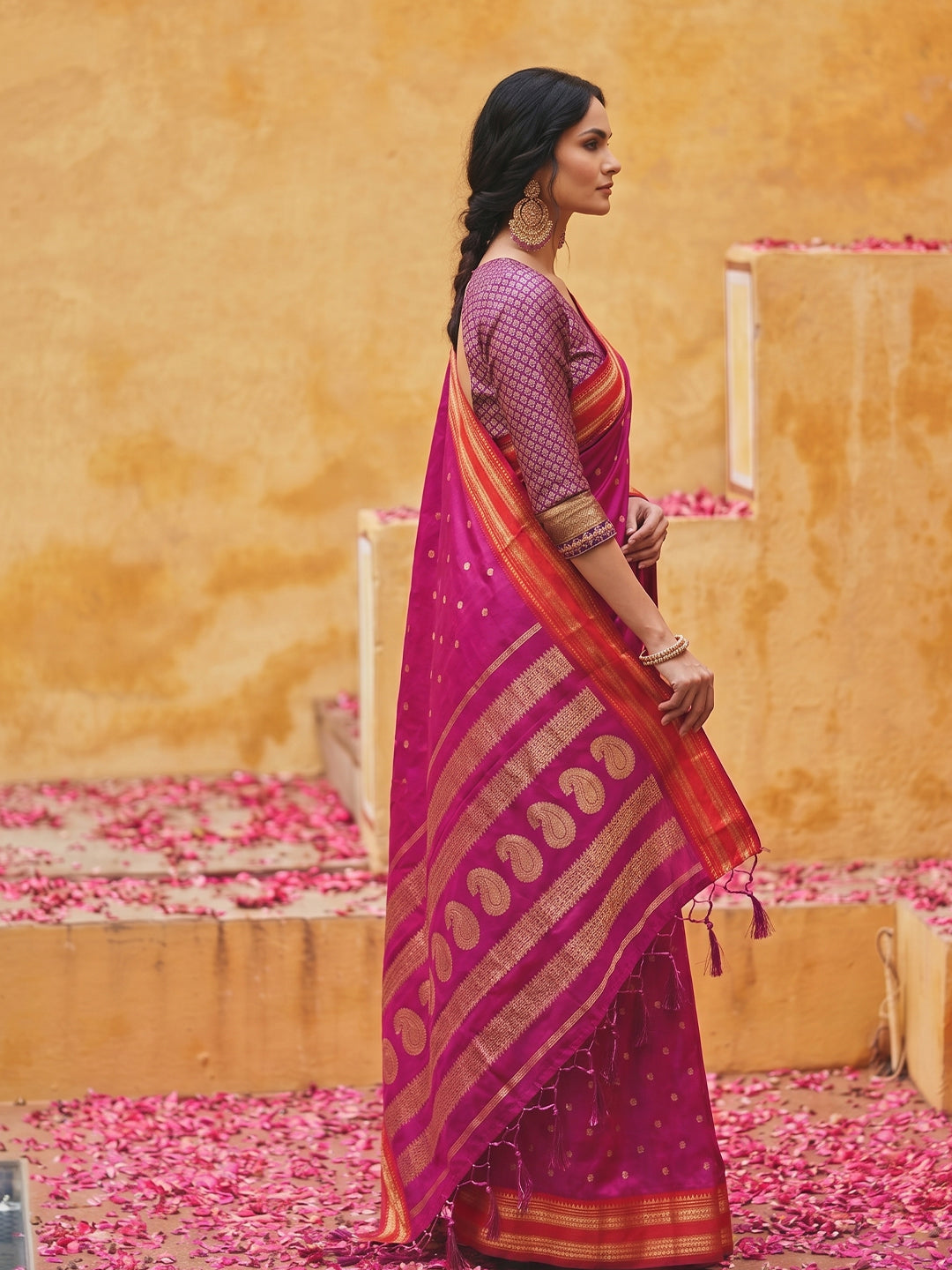 Sutriti The Emerald Empress: Magenta Soft Silk Saree with Rich Crimson Red Zari Border