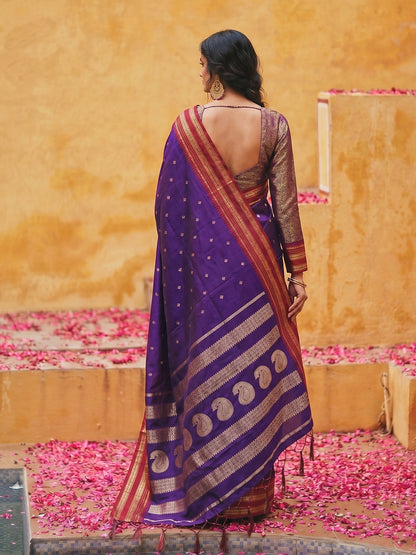 Sutriti The Majestic Amethyst: Royal Blue Soft Silk Saree with Contrast Red Zari Border