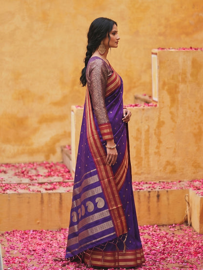 Sutriti The Majestic Amethyst: Royal Blue Soft Silk Saree with Contrast Red Zari Border