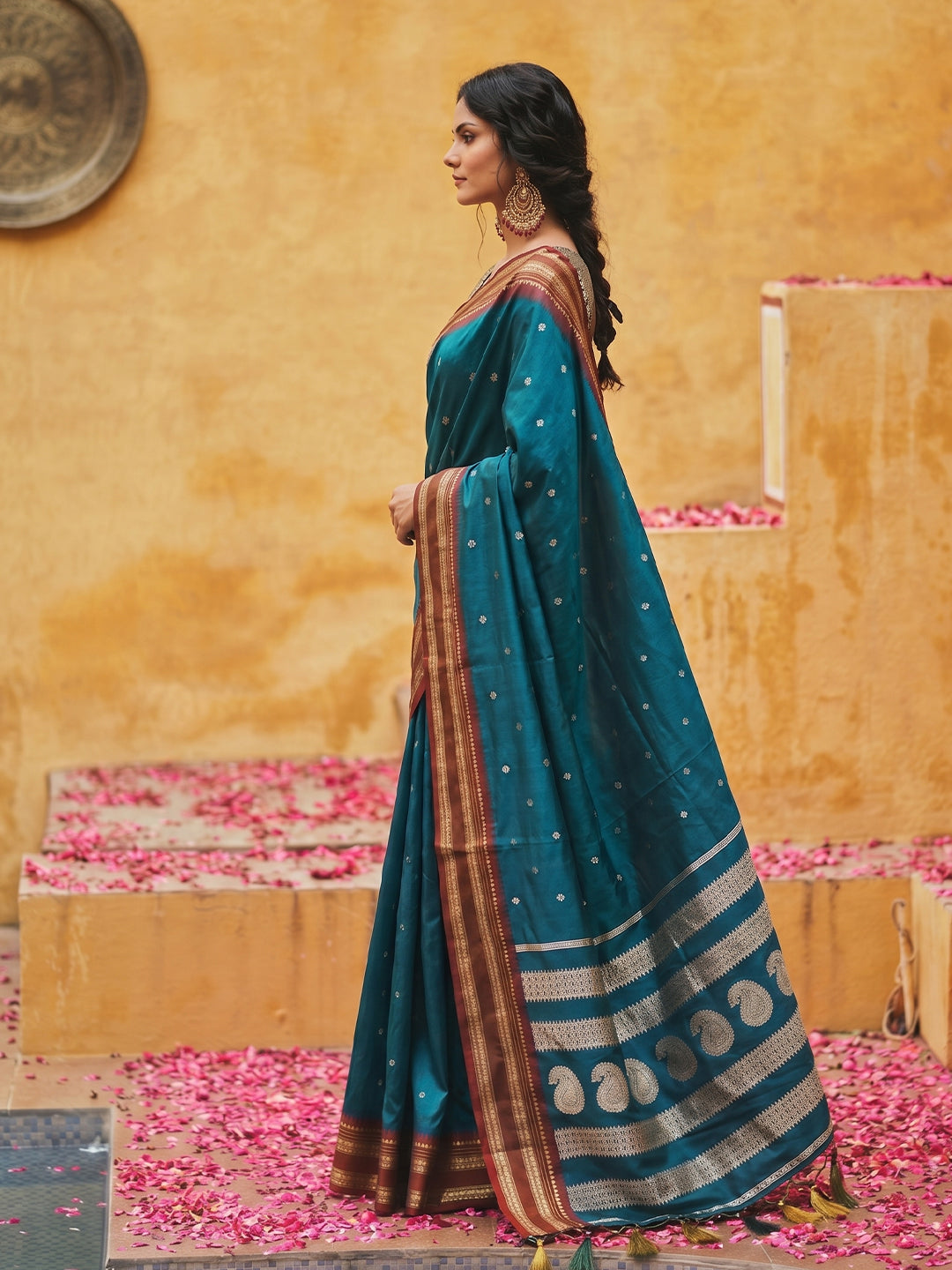 Sutriti The Peacock Hue: Teal Blue Soft Silk Saree with Contrast Red Zari Border