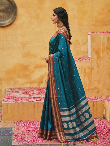 Sutriti The Peacock Hue: Teal Blue Soft Silk Saree with Contrast Red Zari Border