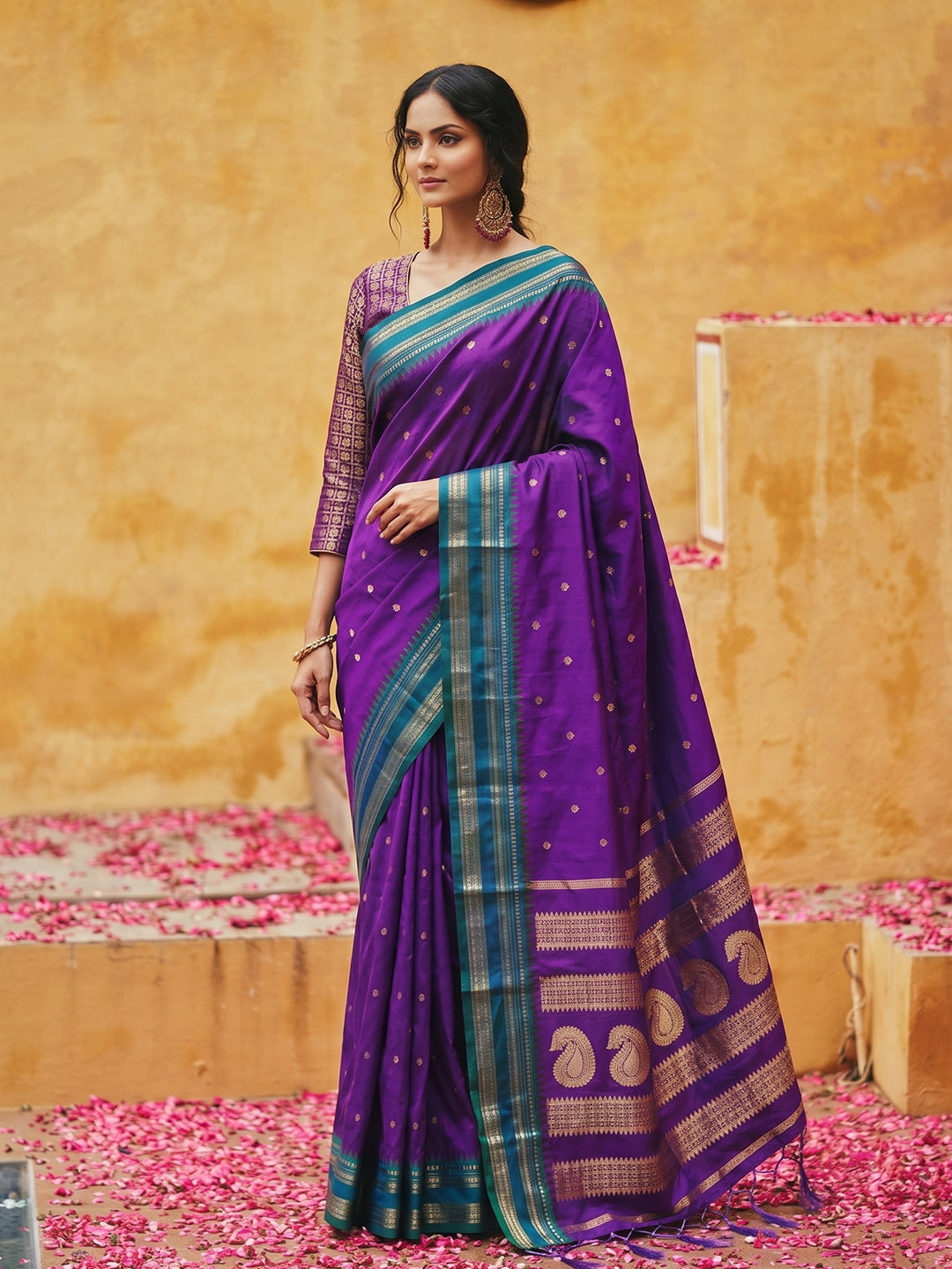 Sutriti The Violet Soft Silk Saree with Contrast Green Zari Border