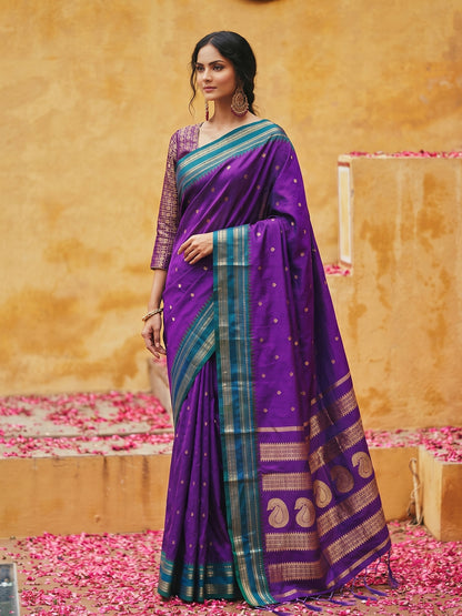 Sutriti The Violet Soft Silk Saree with Contrast Green Zari Border