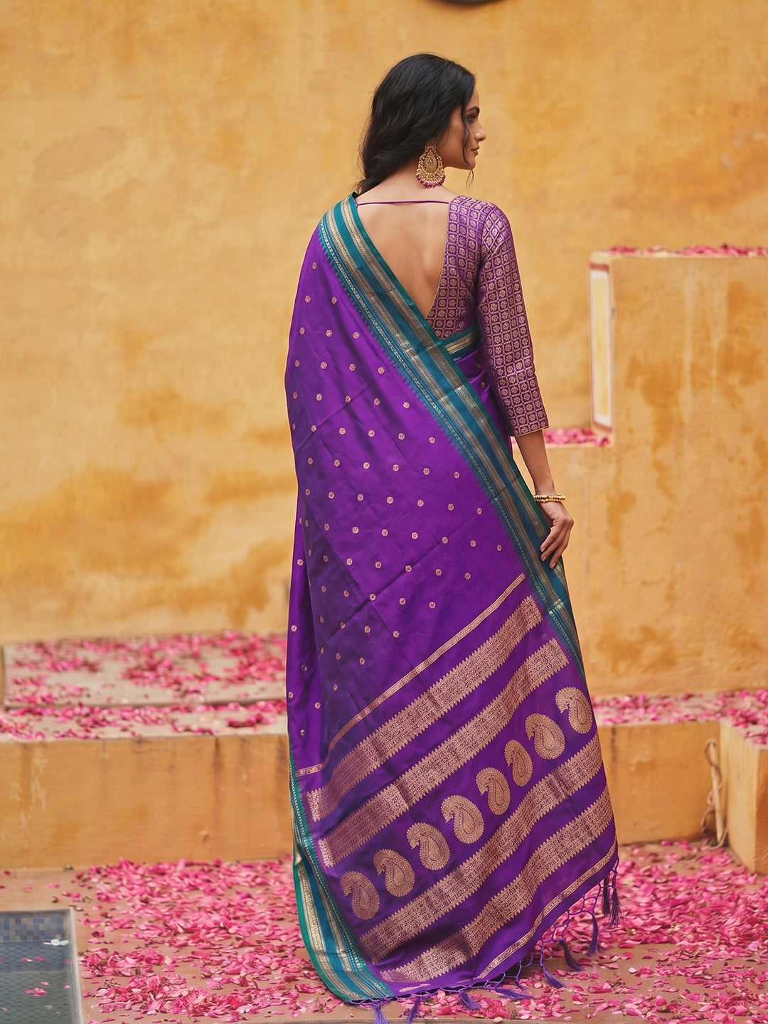 Sutriti The Violet Soft Silk Saree with Contrast Green Zari Border