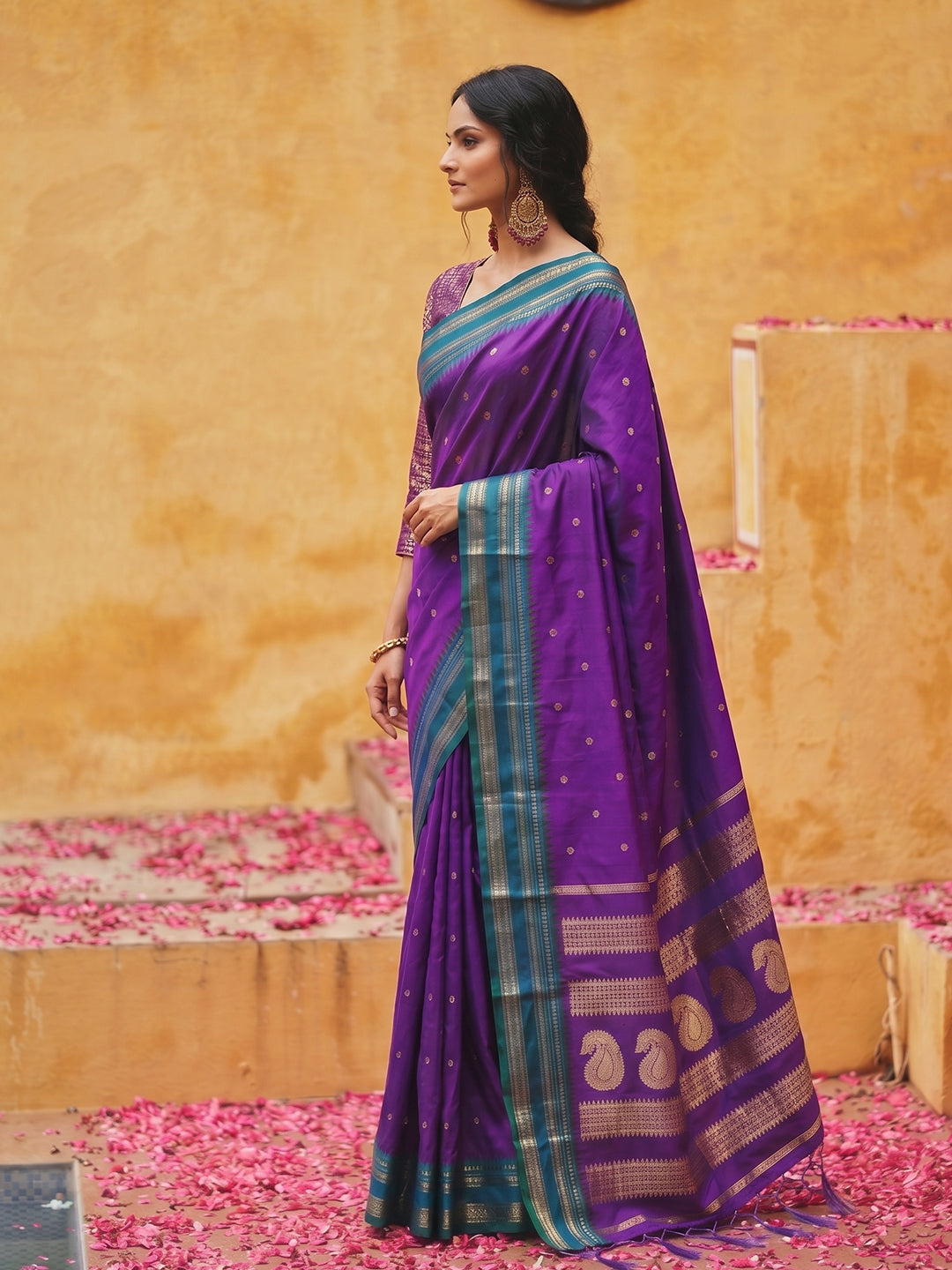 Sutriti The Violet Soft Silk Saree with Contrast Green Zari Border