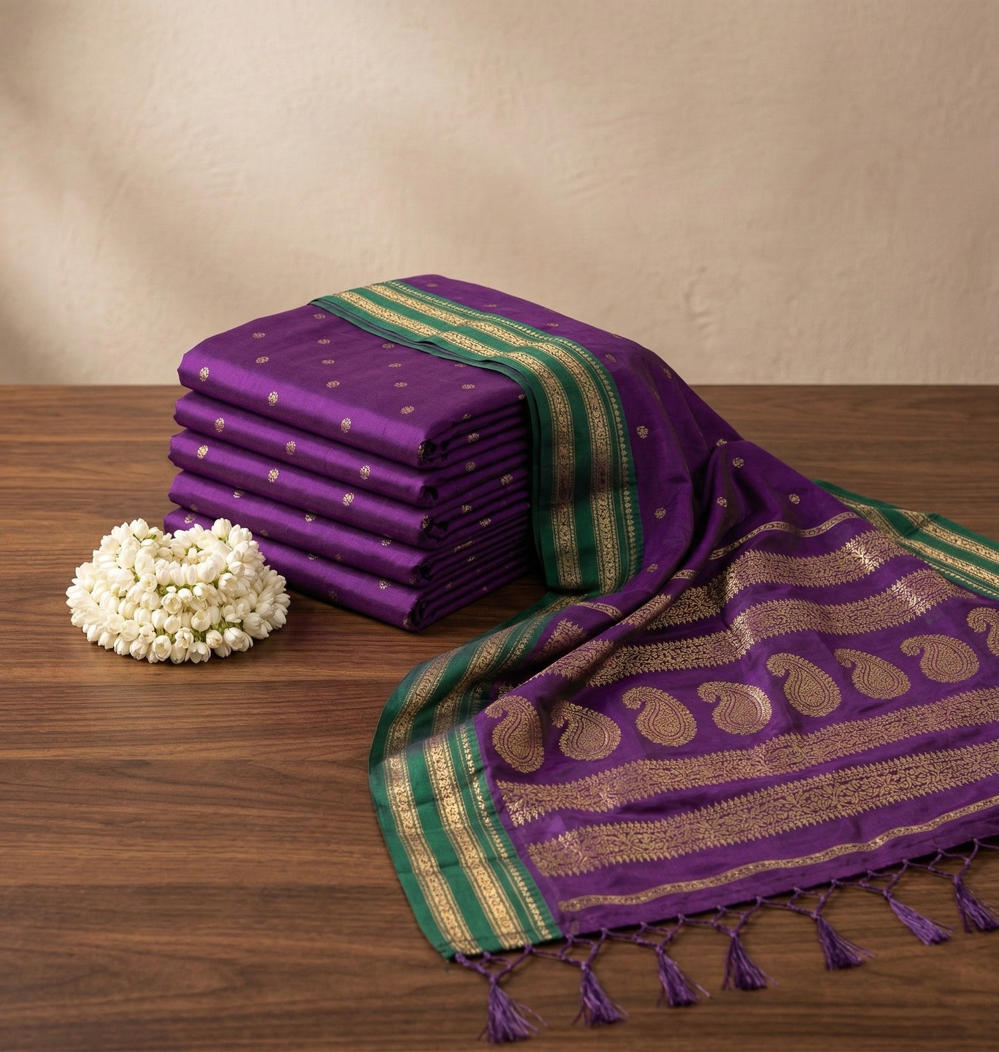 Sutriti The Violet Soft Silk Saree with Contrast Green Zari Border