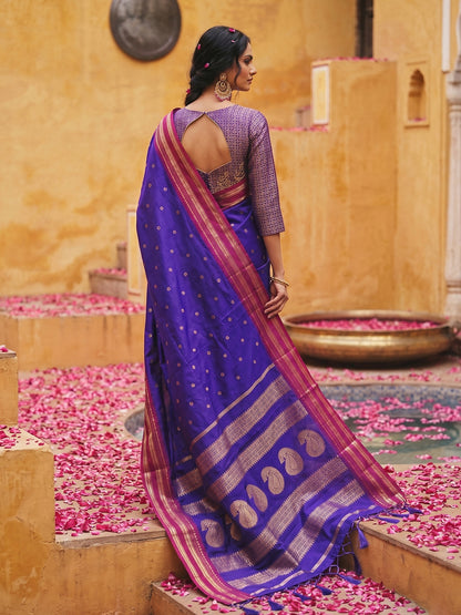 Sutriti The Blue Soft Silk Saree with Contrast Red Zari Border