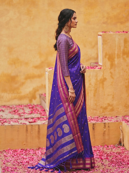 Sutriti The Blue Soft Silk Saree with Contrast Red Zari Border