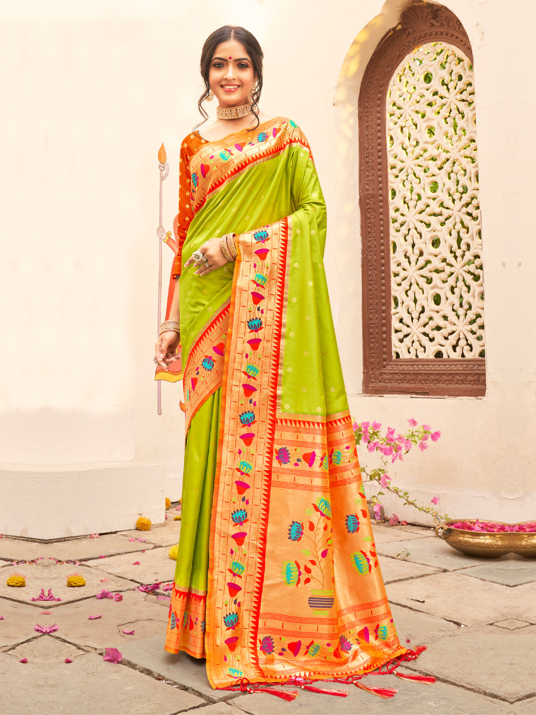 Sutriti Majestic Light Green Paithani Silk Saree with Royal Floral Zari Pallu | Festive & Bridal Edition