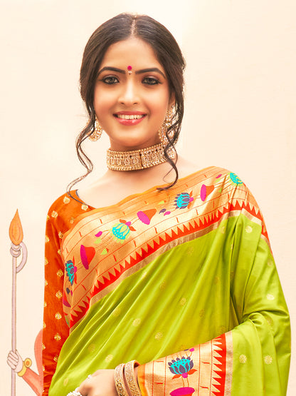 Sutriti Majestic Light Green Paithani Silk Saree with Royal Floral Zari Pallu | Festive & Bridal Edition