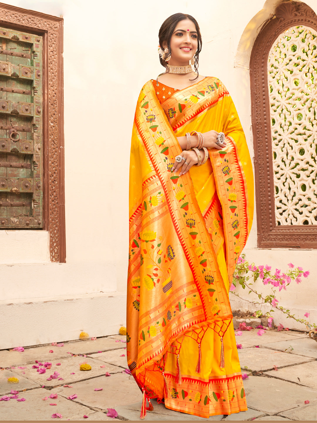 Sutriti Majestic Yellow Paithani Silk Saree with Royal Floral Zari Pallu | Festive & Bridal Edition