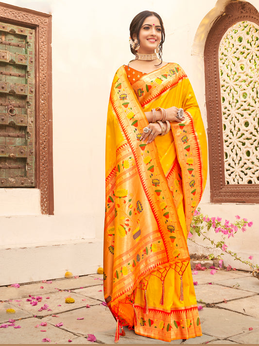 Sutriti Majestic Yellow Paithani Silk Saree with Royal Floral Zari Pallu | Festive & Bridal Edition
