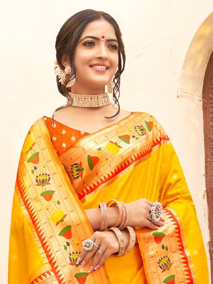 Sutriti Majestic Yellow Paithani Silk Saree with Royal Floral Zari Pallu | Festive & Bridal Edition