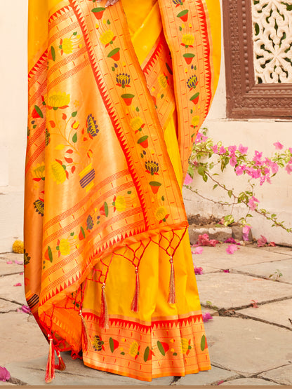 Sutriti Majestic Yellow Paithani Silk Saree with Royal Floral Zari Pallu | Festive & Bridal Edition