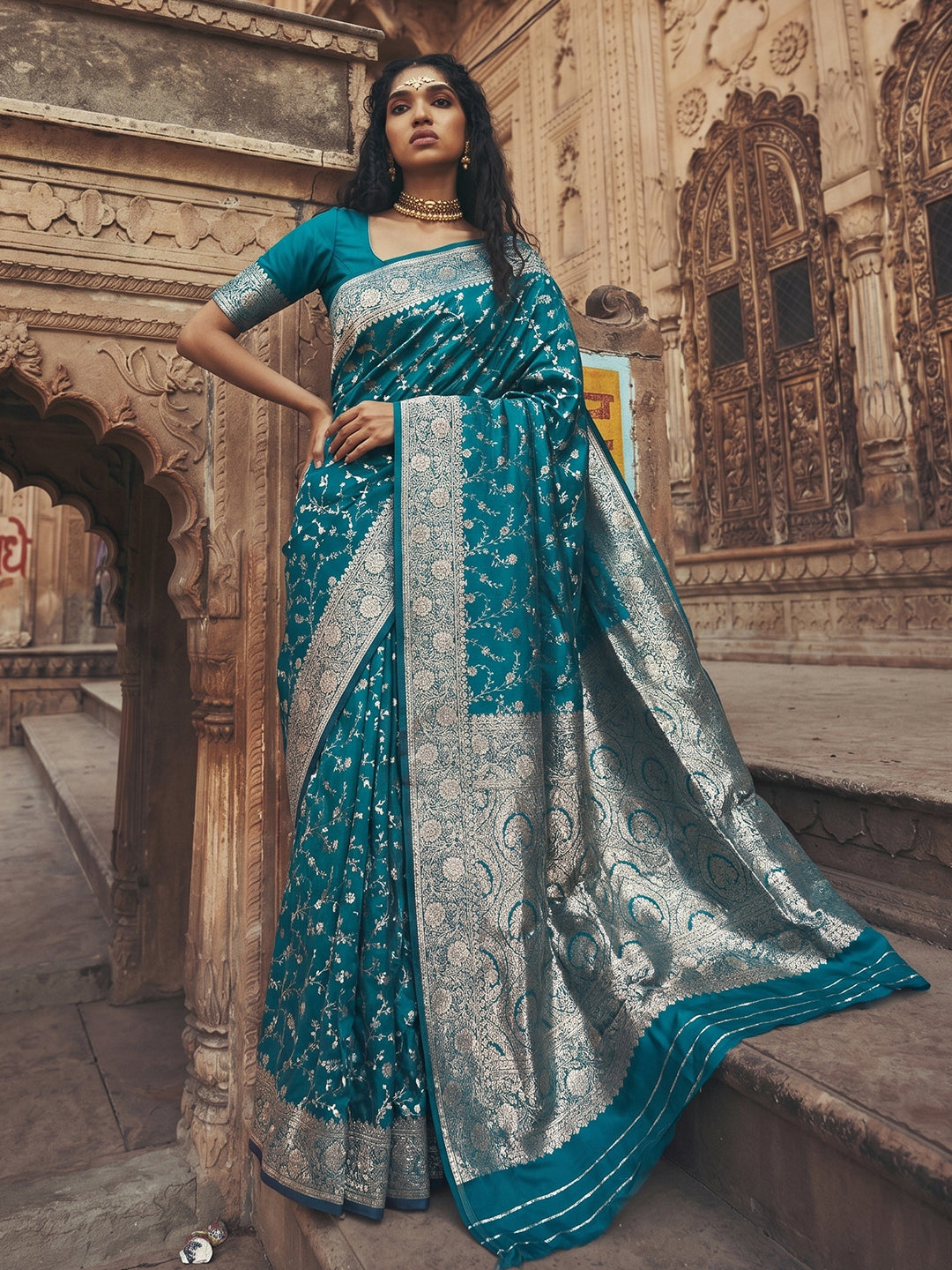 Sutriti Luxurious Teal Blue Soft Silk Saree for Women Festive Wedding Party Wear