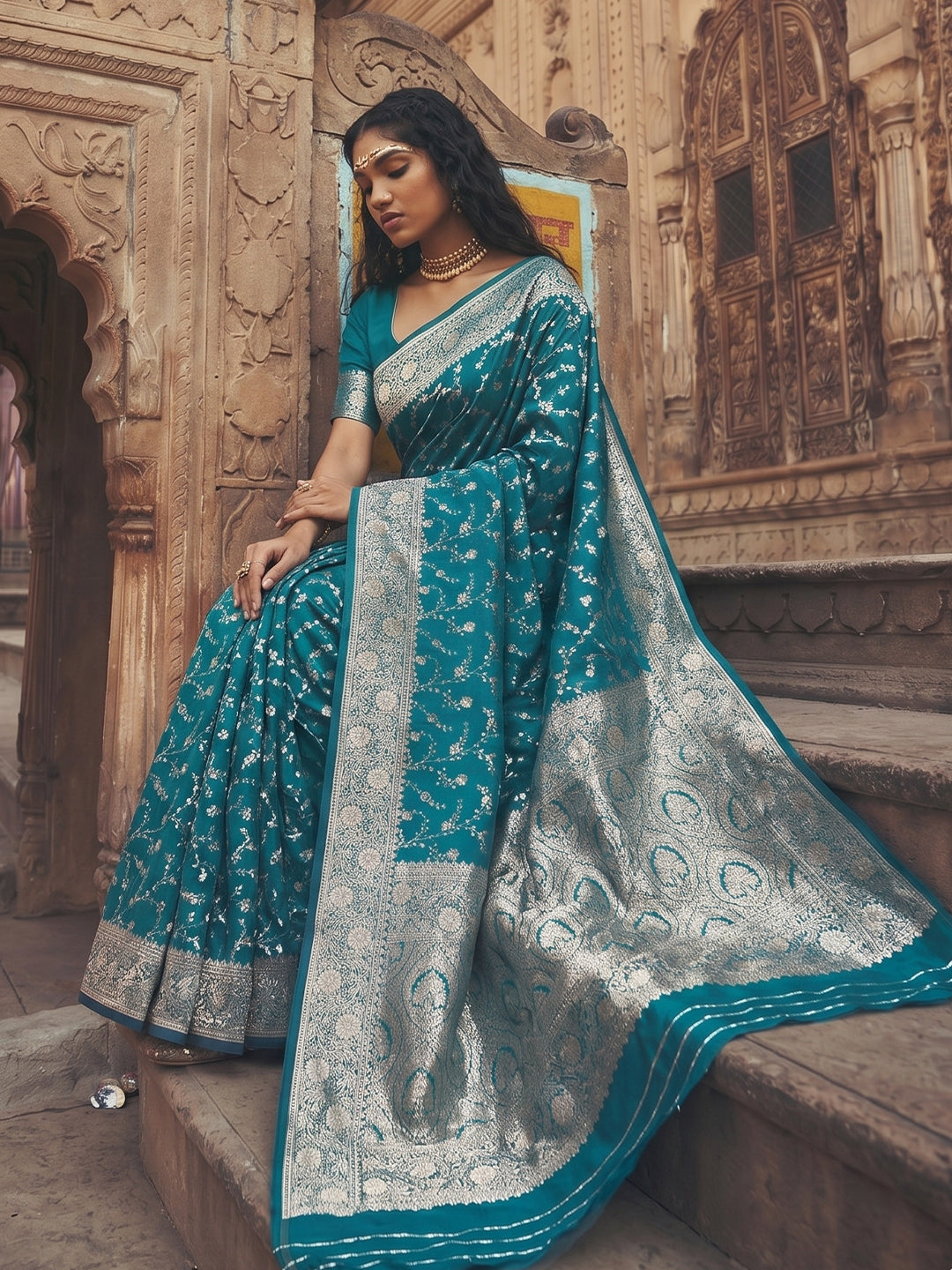 Sutriti Luxurious Teal Blue Soft Silk Saree for Women Festive Wedding Party Wear